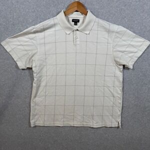 Van Heusen Mens Large Polo Shirt Cream Off White Grid Windowpane Short Sleeve